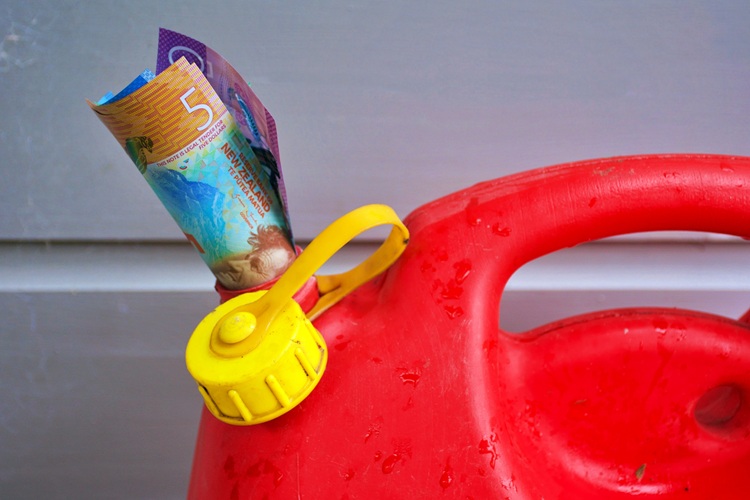 A red plastic fuel container with a yellow cap, holding several New Zealand banknotes tucked into the handle area.