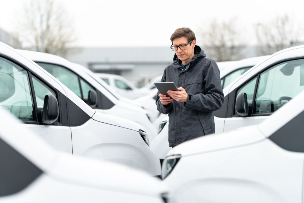 Cash allowances vs managed fleet pros and cons: A man in glasses and a dark jacket stands among a row of white vans in an outdoor car park, reviewing information on a tablet.