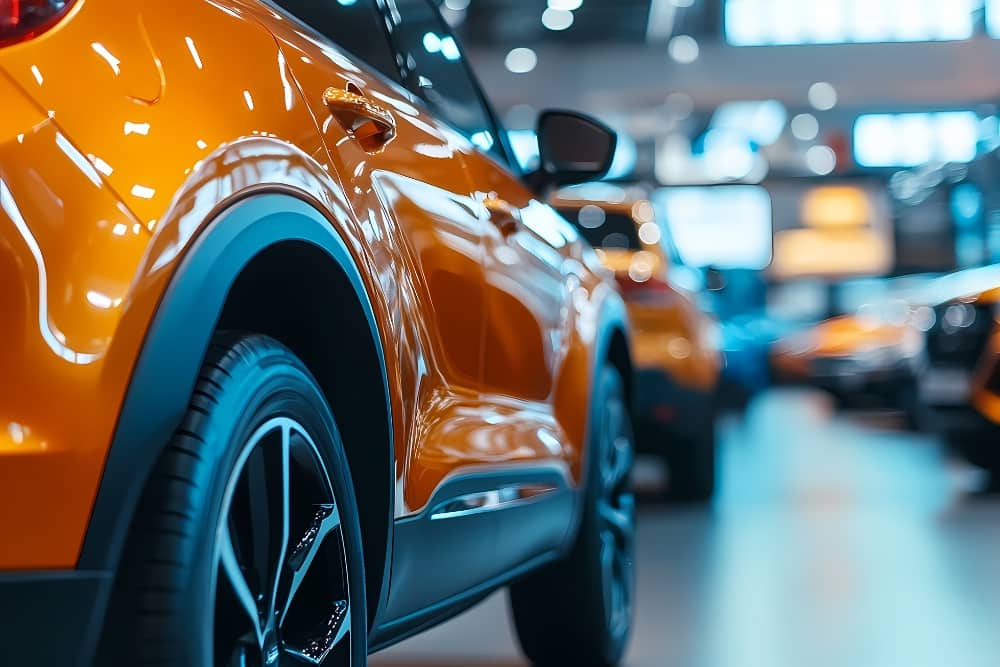 Close-up of stylish second-hand cars in a showroom, showing the car value of former lease vehicles.
