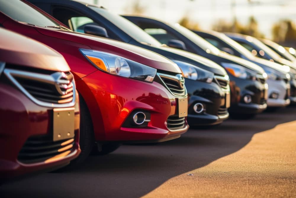 Row of parked cars in different colours on display outdoors
